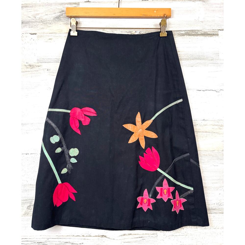 Persaman Womens 2 Black Pink Floral Hand Stitched Cotton Leather Midi Skirt Boho